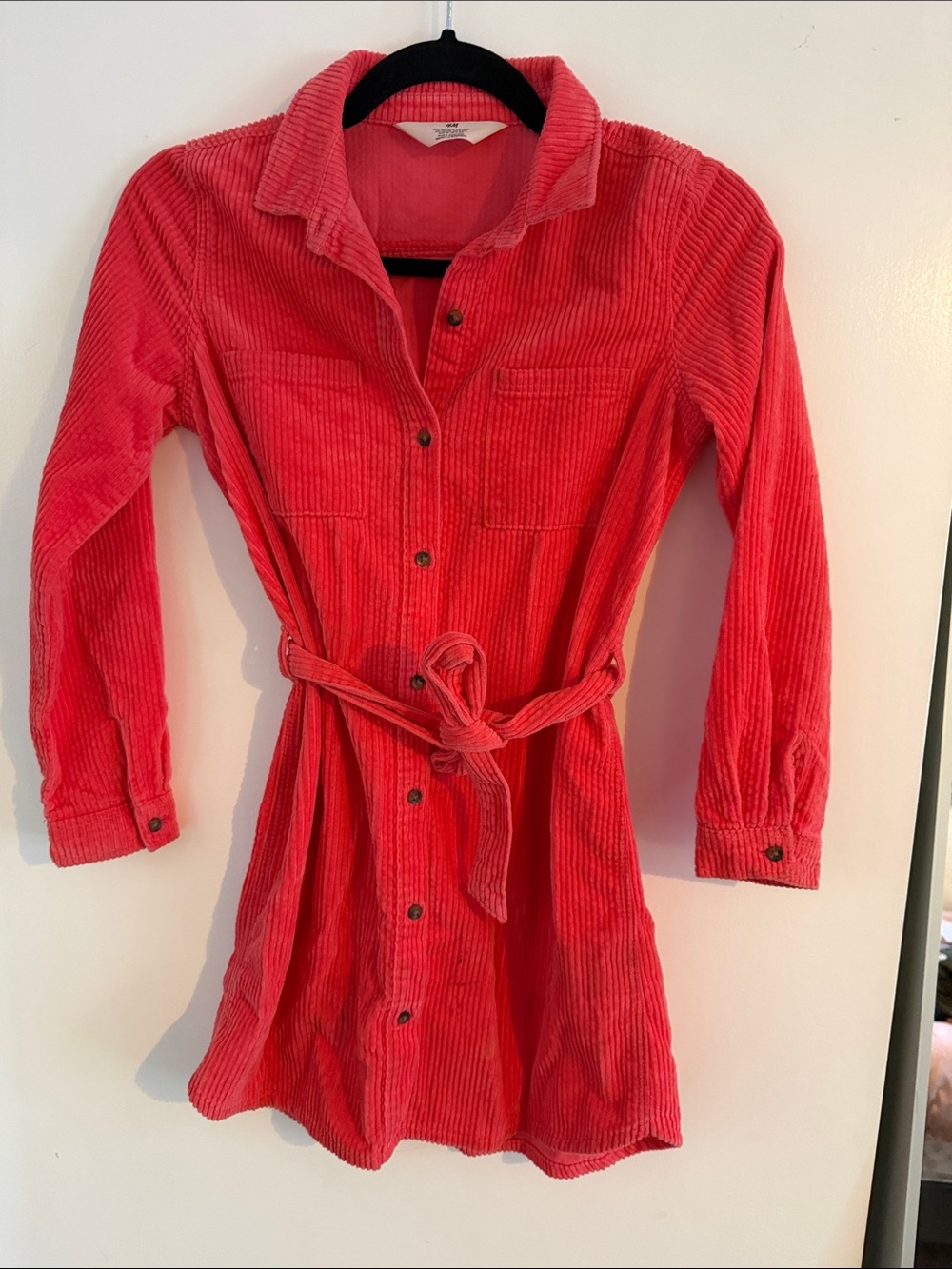 H&M Coral Pink Corduroy Shirt Dress with Self Tie Belt